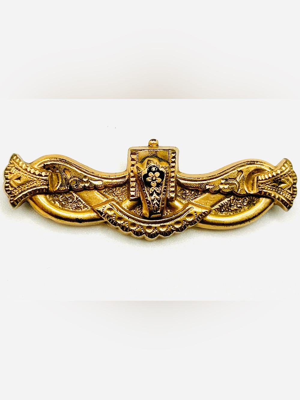 Antique Estate Victorian Floral Taille d'Epargne Bar Brooch Black Enamel Trace